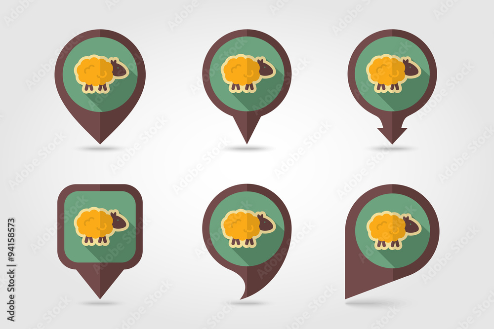 Sheep flat mapping pin icon with long shadow Sheep flat mapping pin icon with long shadow