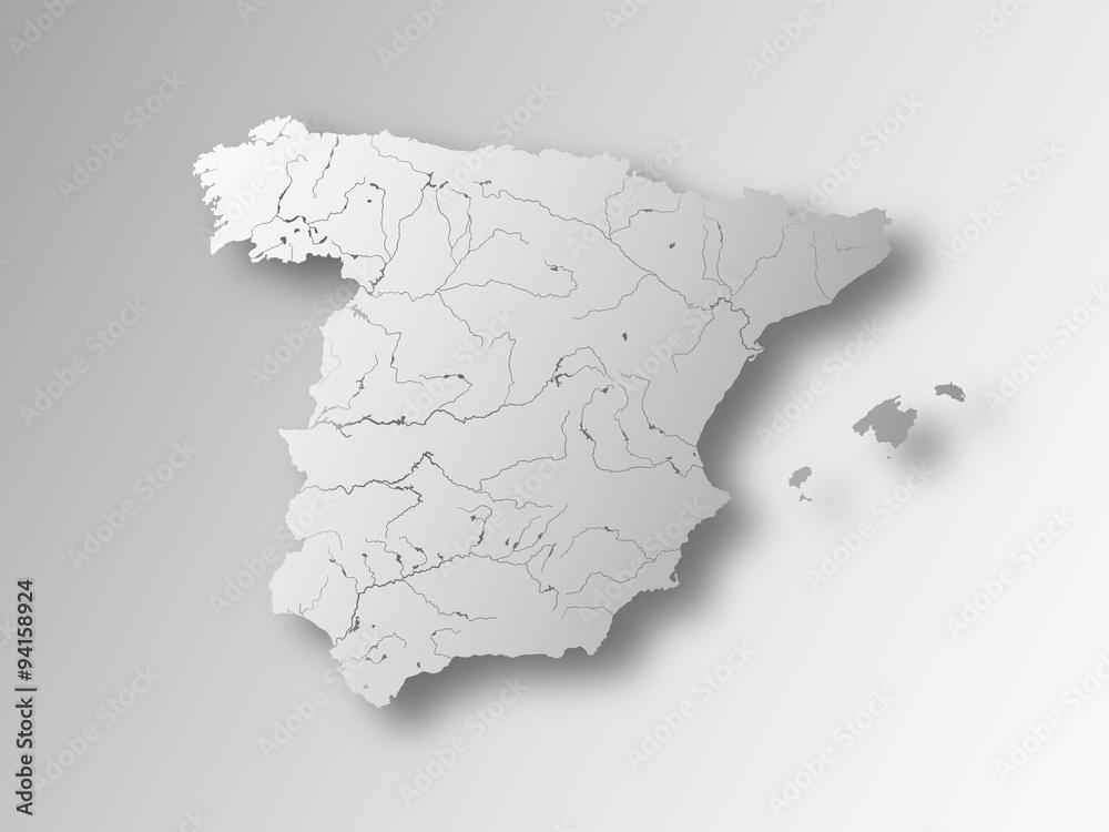 Map of Spain with paper cut effect. Rivers are shown.