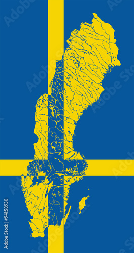 Map of Sweden in colors of the Swedish flag. Colors of flag are proper. Rivers and lakes are shown. #94158930