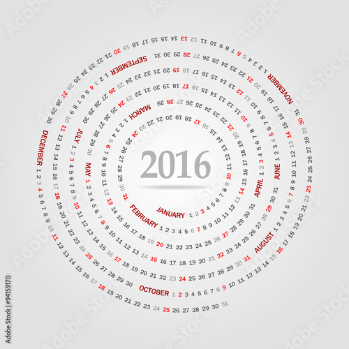 Round calendar for 2016 year. Week Starts Sunday.