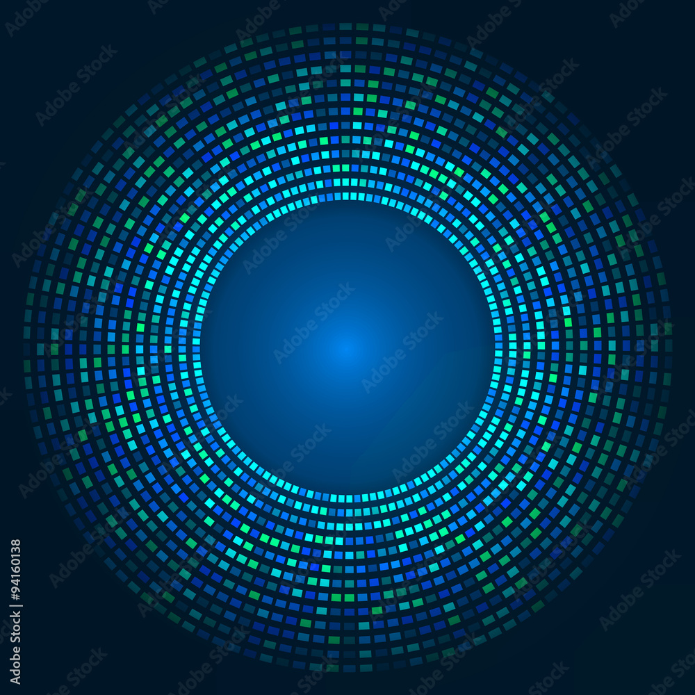 blue abstract background - circles of glowing pixels, concentric circles blue abstract background - circles of glowing pixels, concentric circles