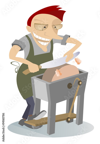 Cartoon grinder whets a big knife isolated on white background	