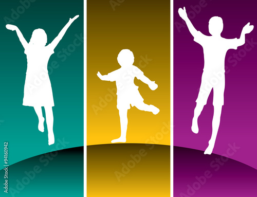 Three kids jumping on a hilltop in colored panels