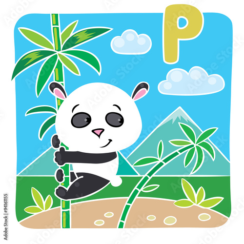 Fototapeta Naklejka Na Ścianę i Meble -  Little panda on bamboo. Alphabet P