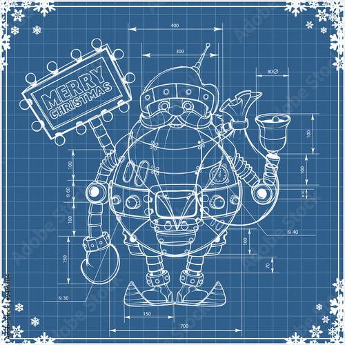 Engineering drawing robot santa on blue paper