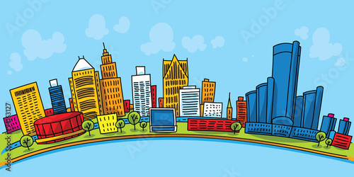 A bright cartoon of the city of Detroit, Michigan, USA.