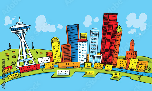 A bright cartoon of the city of Seattle, Washington, USA.