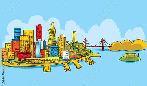 A bright cartoon of the city of San Fransisco, California, USA.