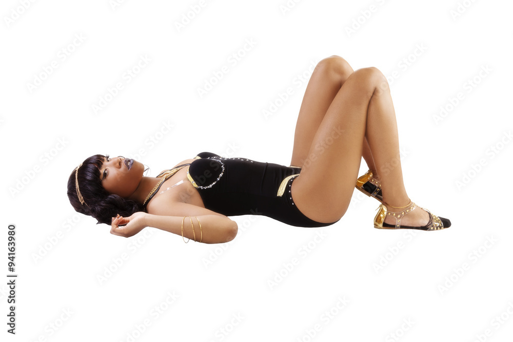 Skinny African American Woman Reclining Black Leotard Skinny African American Woman Reclining Black Leotard