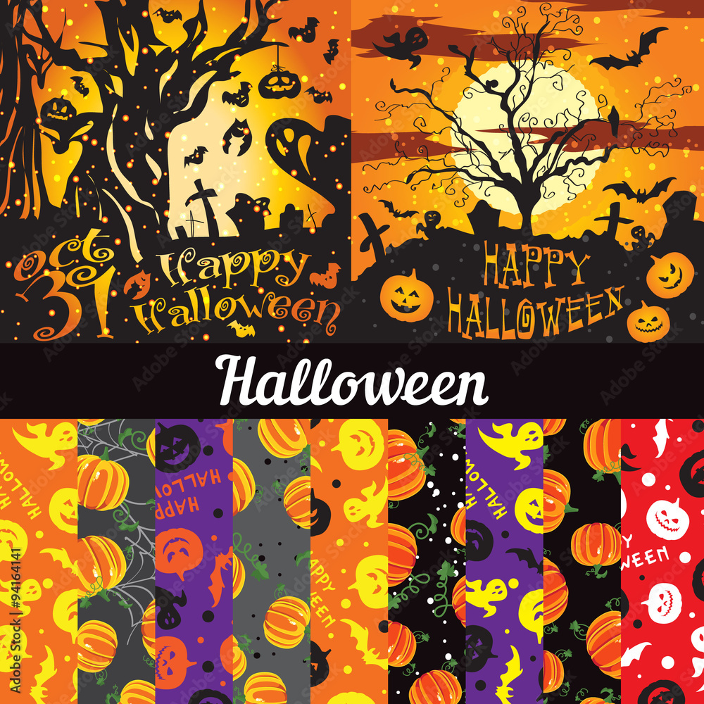 Vector set posters, seamless pattern for Halloween