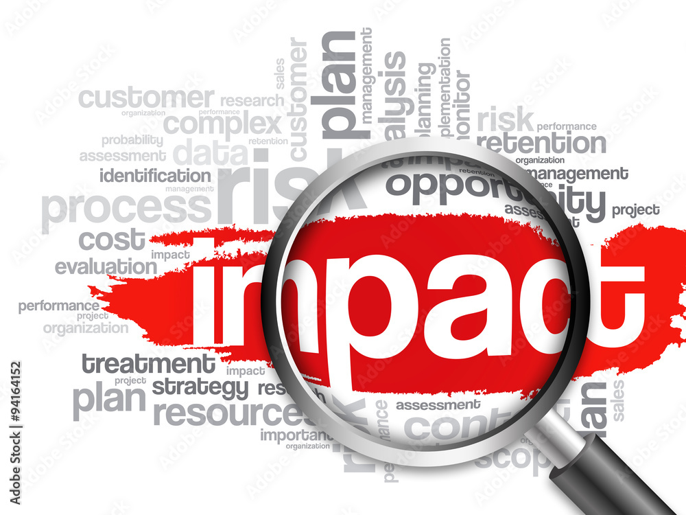 Impact word cloud with magnifying glass, business concept Impact word cloud with magnifying glass, business concept