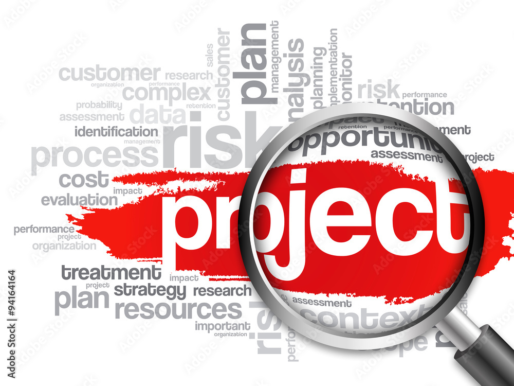 PROJECT word cloud with magnifying glass, business concept PROJECT word cloud with magnifying glass, business concept