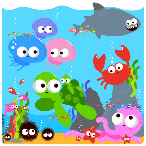 Fototapeta Naklejka Na Ścianę i Meble -  Colorful background with sea animals swimming underwater. Vector illustration