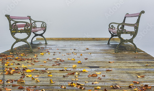 Tela Vintage benches on a jetty on a foggy autumn day.