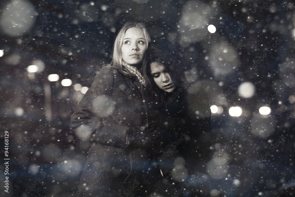 Two girl friends portrait winter Two girl friends portrait winter