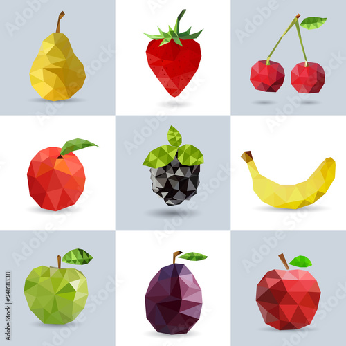 Set of polygonal fruit - pear, strawberry, cherry, peach, blackberry, banana, apple, plum. Vector illustration.
