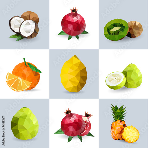 Set of polygonal fruit - coconut, pomegranate, kiwi, orange, lemon, grapefruit, pineapple. Vector illustration.
