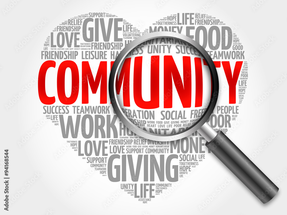 Community word cloud with magnifying glass, concept Community word cloud with magnifying glass, concept