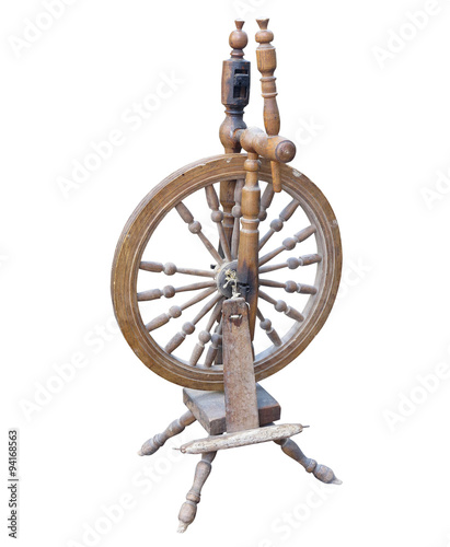 Tapety artystyczne Old Wooden spinning Wheel isolated on white