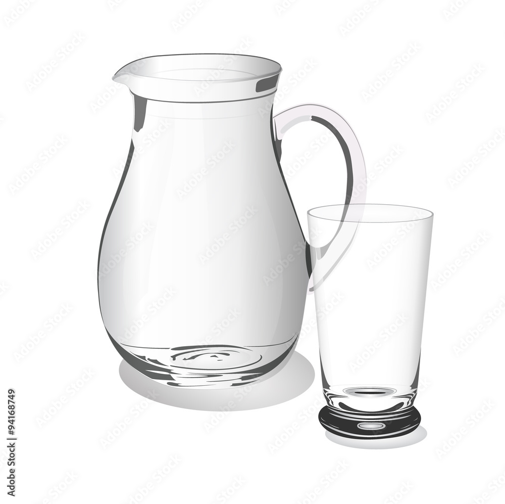 glass cup and jug, vector, illustration, isolated on white background glass cup and jug, vector, illustration, isolated on white background