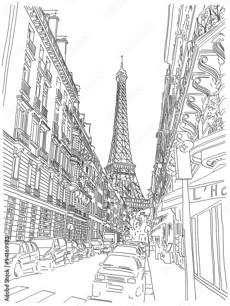 View of the Eiffel Tower from the streets of Paris. Black and white hand-drawing in the contours.