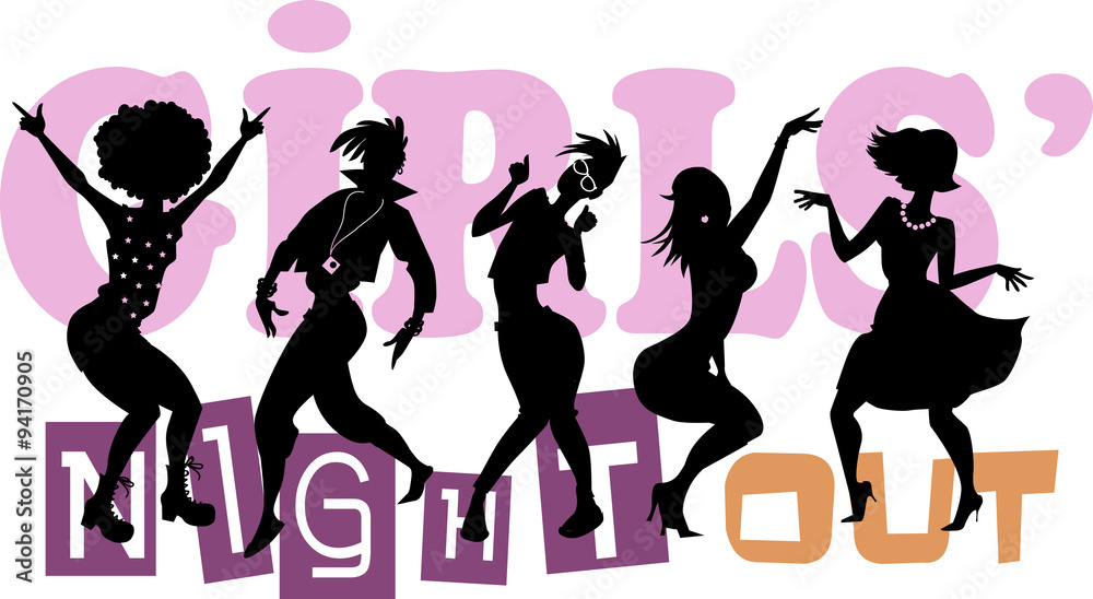 Girls' Night Out, EPS 8 vector illustration with black silhouettes of five dancing women, no transparencies Girls' Night Out, EPS 8 vector illustration with black silhouettes of five dancing women, no transparencies