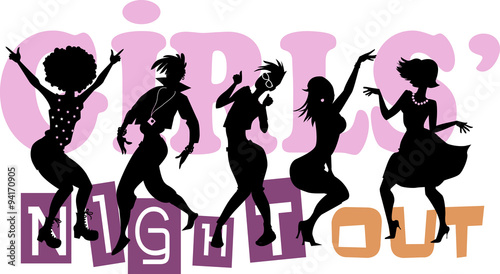 Girls' Night Out, EPS 8 vector illustration with black silhouettes of five dancing women, no transparencies