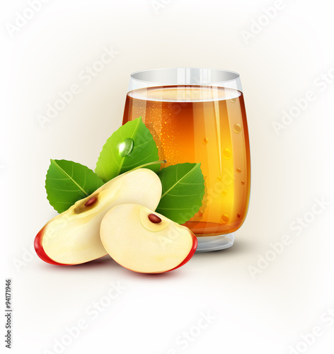 vector cup glass of apple juice with slices of apple on a white