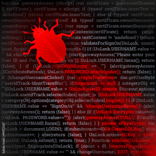 Virus Bug. Hacking concept. Red bug crawling on top of code. Fully scalable vector illustration.