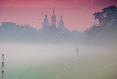 Tree alley along Blonia meadow in Krakow, Poland, with St Mary's church and Town Hall towers in the background, foggy morning with people's silhouettes