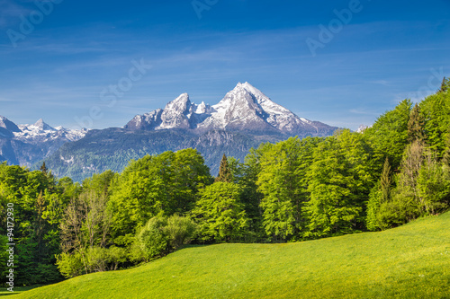 Watzmann mountain with green meadows and trees, Bavaria, Germany
