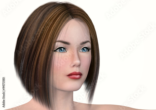 The face of a beautiful girl with blue eyes and red lips. Soft skin. Bob hairstyle. Isolate. Close up view.