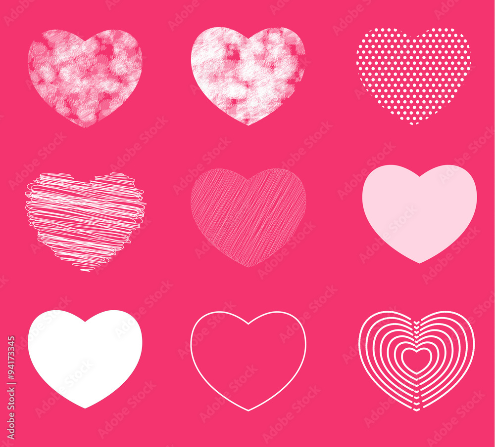 Hearts simple, shaded and broken in 9 different shapes. Vector