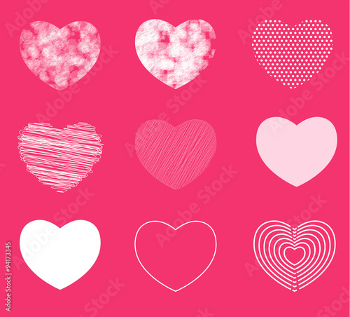 Hearts simple, shaded and broken in 9 different shapes. Vector