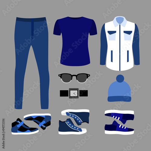 Set of trendy men's blue clothes and accessories. Men's wardrobe. Vector illustration