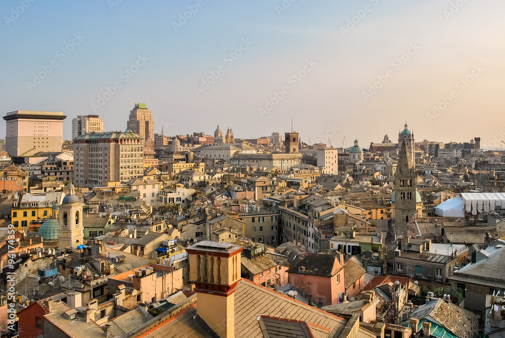 Aerial view of the downtown of Genoa during the sunset