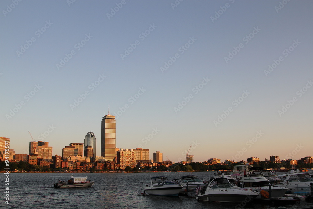 Boston city skyline with famed Prudential building. Taken at sunset circa July 4th 2013