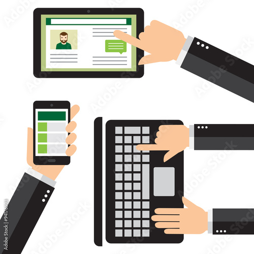 Móvil Smartphone, tablet y ordenador portátil con manos © cornecoba