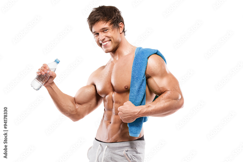 Strong Athletic Man showing big biceps and abdominal muscles Strong Athletic Man showing big biceps and abdominal muscles