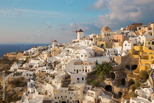 Santorini - look to part of Oia with the windmills in evening 