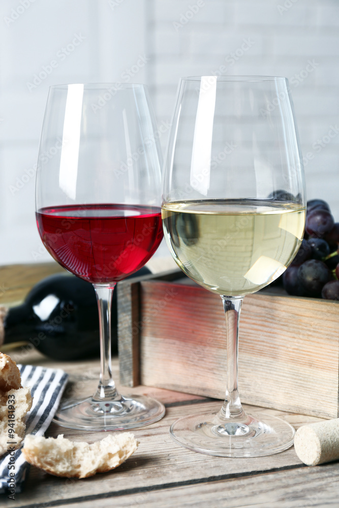 Still life of wine and bread on light background Still life of wine and bread on light background