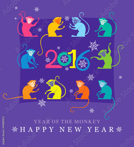 Bright card 2016. Multicolored Monkey. Happy New Year.