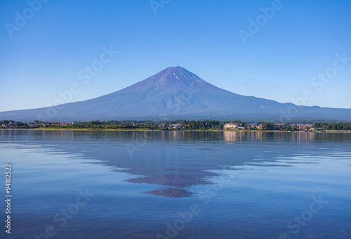 Panorama view of Mountain Fuji with reflection at Lake Kawaguchiko in summer season