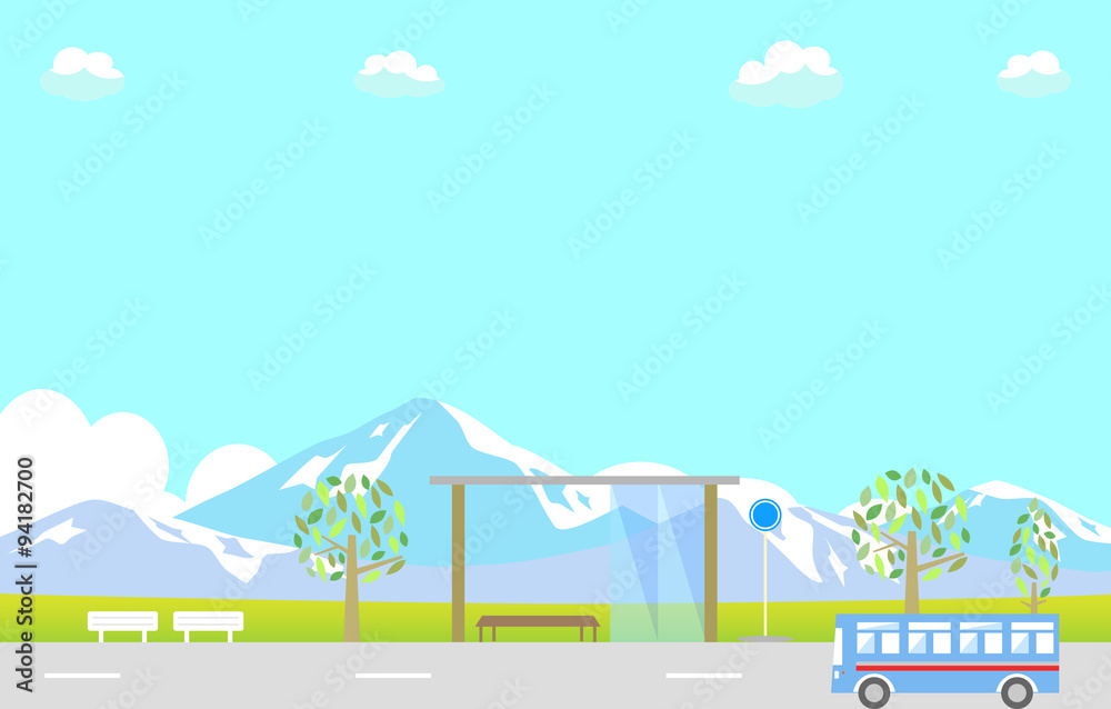 Fototapeta premium バス停と雪山