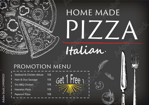 pizza Italian with raw material food design menu brochure promotion promote advertise drawing style template , black color background vector illustration