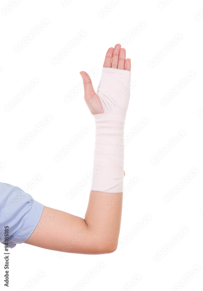 Precies Echter Laster Stockfoto close-up injured arm wrapped in an Elastic Bandage | Adobe Stock