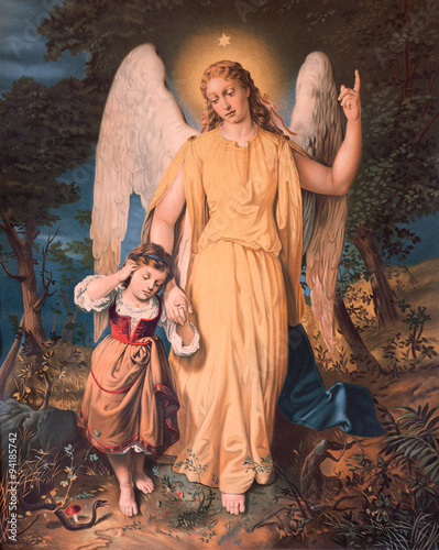 Guardian angel with the child. Typical catholic image Fototapeta
