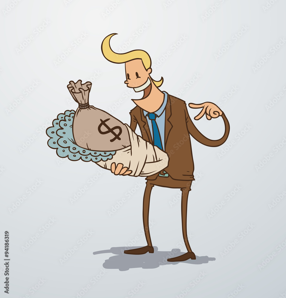 Vector man holding a bag of money as baby. Cartoon image of a man blonde in