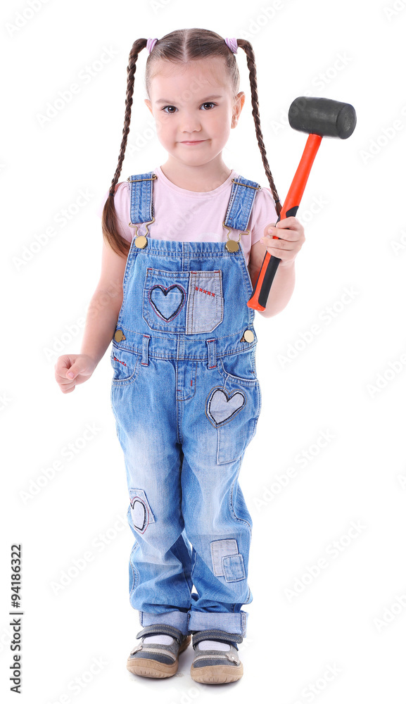 Cute little girl with hammer isolated on white background Cute little girl with hammer isolated on white background