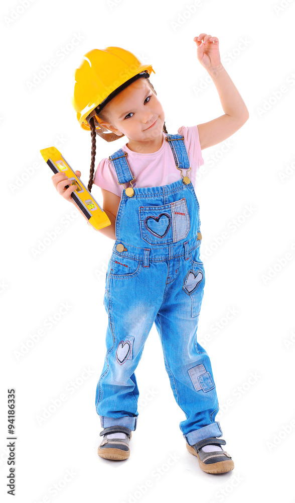Cute little girl in yellow helmet with grade isolated on white background Cute little girl in yellow helmet with grade isolated on white background